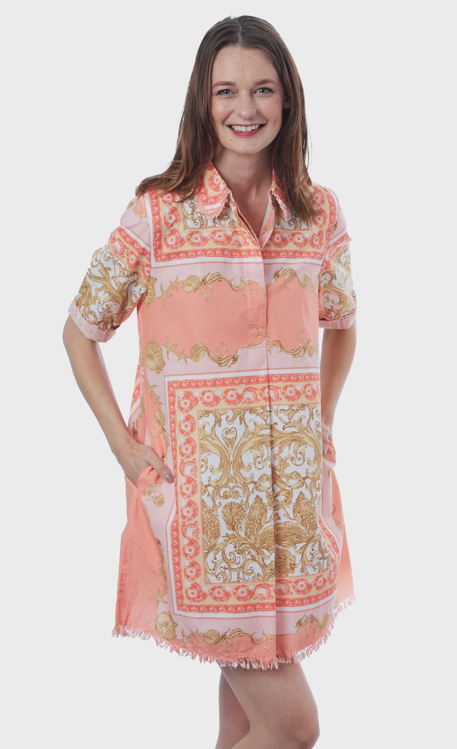 Dizzy-Lizzie Chatham Dress (615A-R887) Scroll Print, Color: Pink &amp; Orange Print, Size: XS
