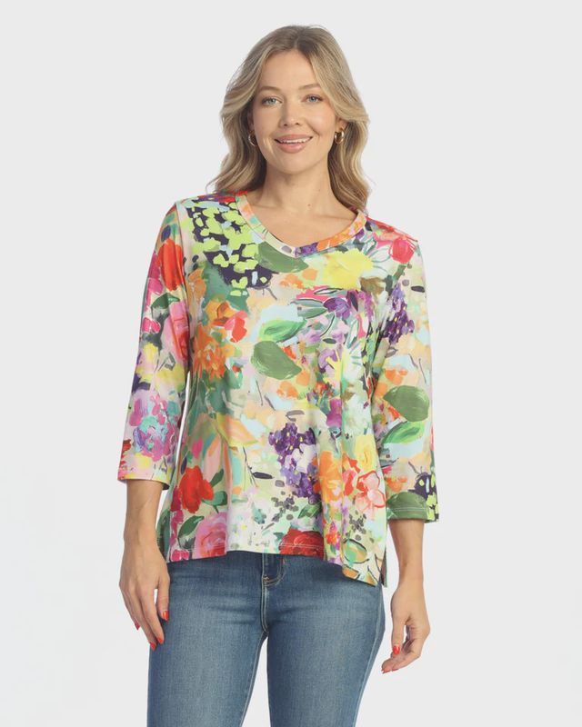 J&amp;J &quot;Peonies&quot; V-Neck Top with Side Slits