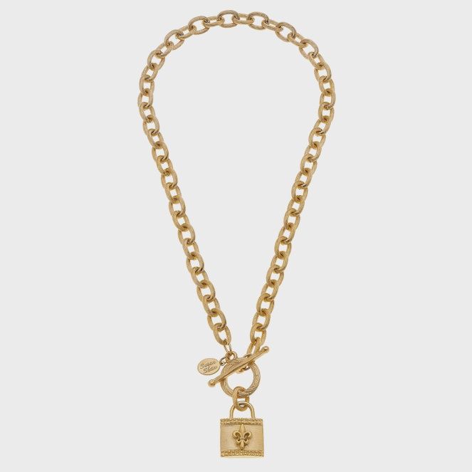 Gold Fleur De Lis Lock Chain Toggle Necklace (3770F)