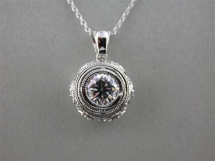 Round CZ Pendant w/Thick Antique Rim Necklace, Material: Sterling Silver