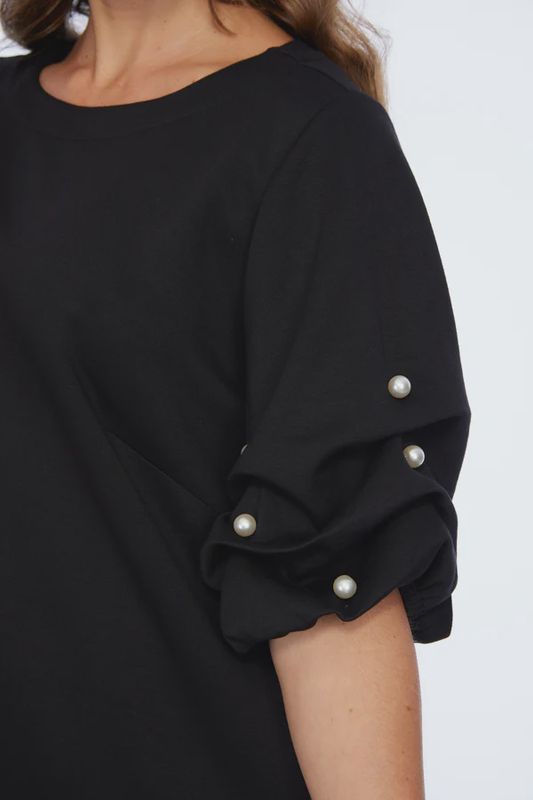 Lior "Daffodil" Puff Sleeve with Pearls Dress - Black