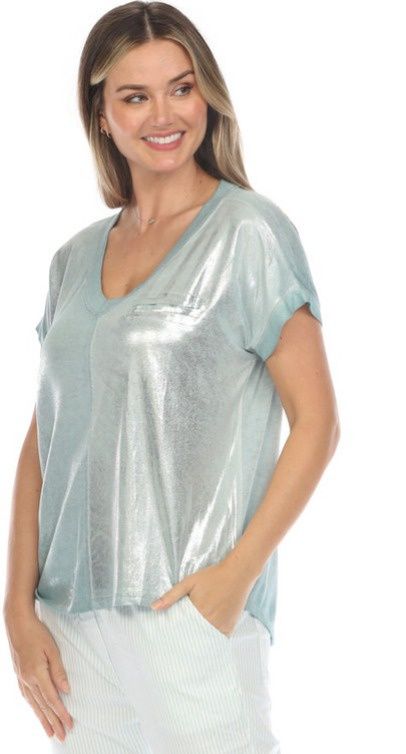Flora Ashley Solid SS Shimmer Top (9123), Color: Tiffany Blue, Size: XS