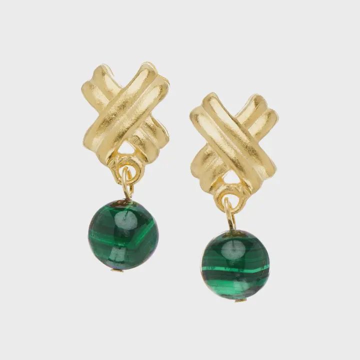 Mini X Malachite Drop Stud Earrings (1092MK)