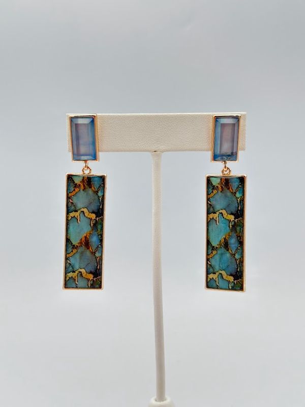 Rectangular Drop Gold &amp; Turquoise Earrings (14E3201)
