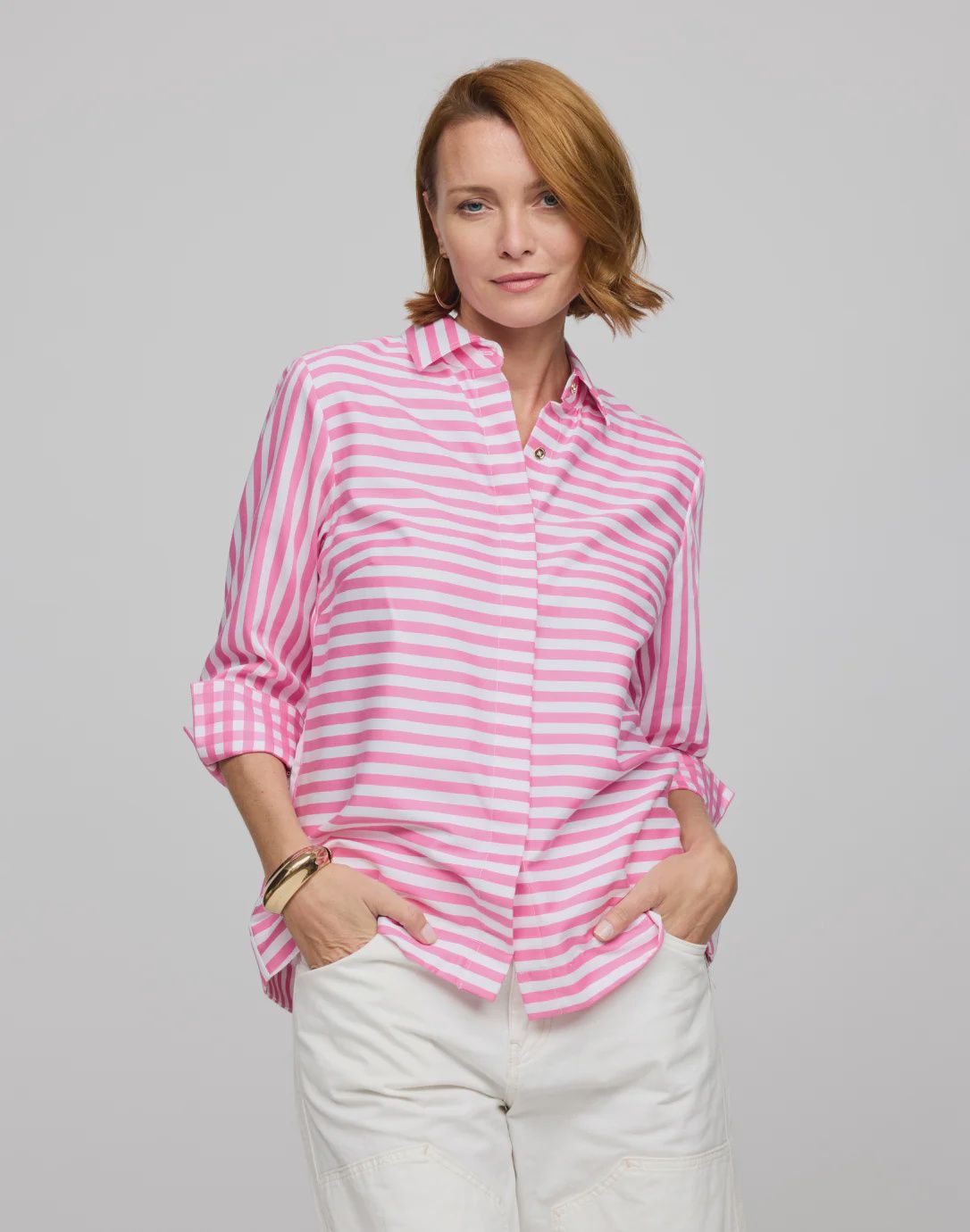 Hinson Wu &quot;Xena&quot; 3/4 Sleeve Zip Back Top (1610462) Guava &amp; White
