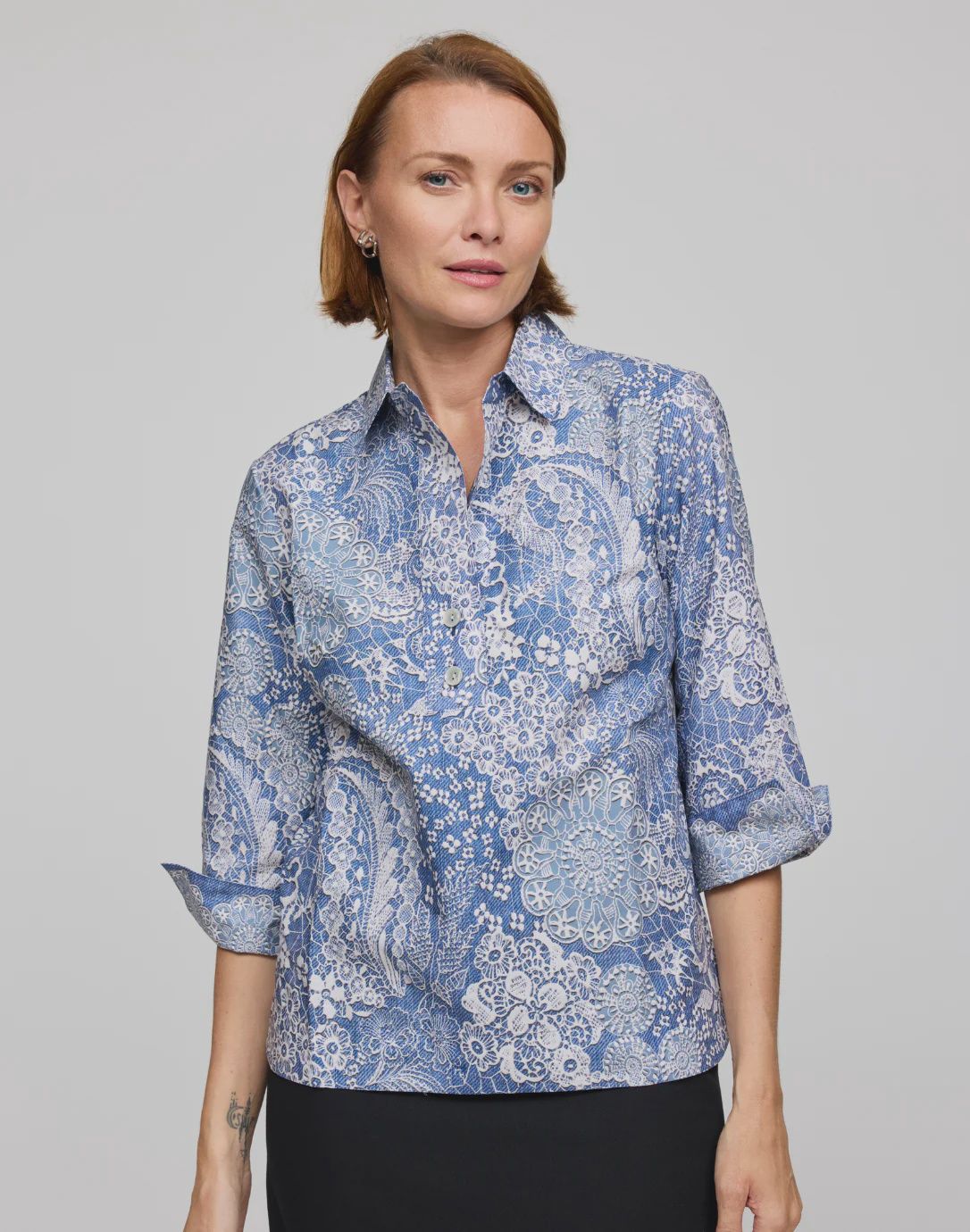 Hinson Wu &quot;Aileen&quot; 3/4 Sleeve Lace Print Shirt (1610979) Blue &amp; Ecru