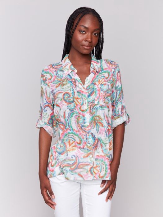 Charlie B Printed Cotton Gauze Shirt (C4605D 274C), Color: Carnival, Size: Small