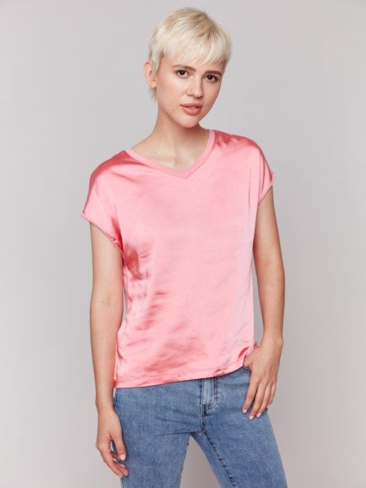 Charlie B Satin V-Neck SS Top (C1330TPK), Color: Watermelon, Size: Small