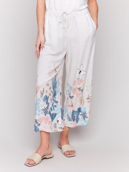 Charlie B Border Print Cropped Linen Pant (C5657BY 787A)