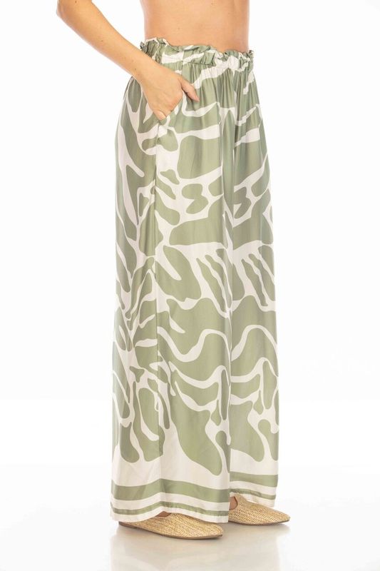 Flora Ashley Silky Flowy Print Pant (9750) Green &amp; Ivory