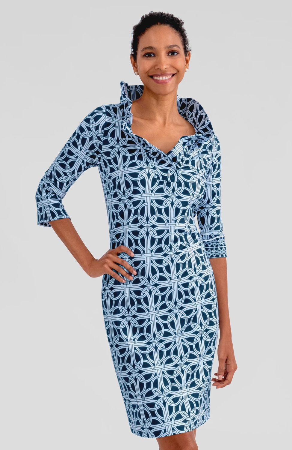 Gretchen Scott Jersey Ruffleneck Dress - Ring Toss (JDRNRT)