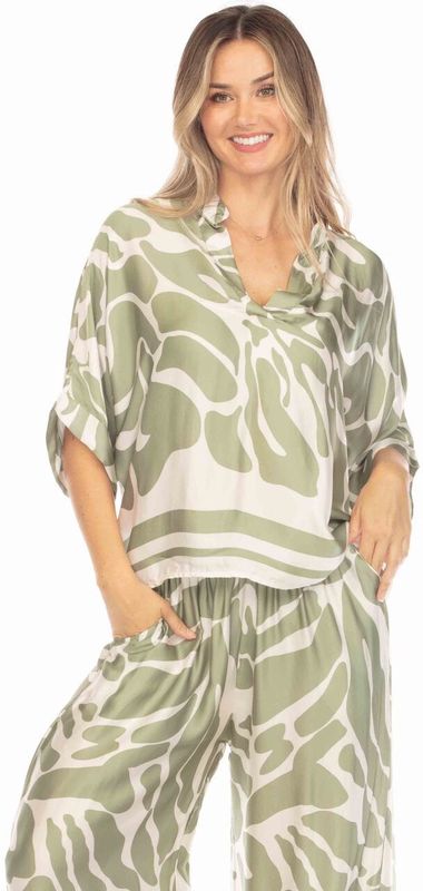 Flora Ashley Silky VNeck Print Top (9751) Green &amp; Ivory