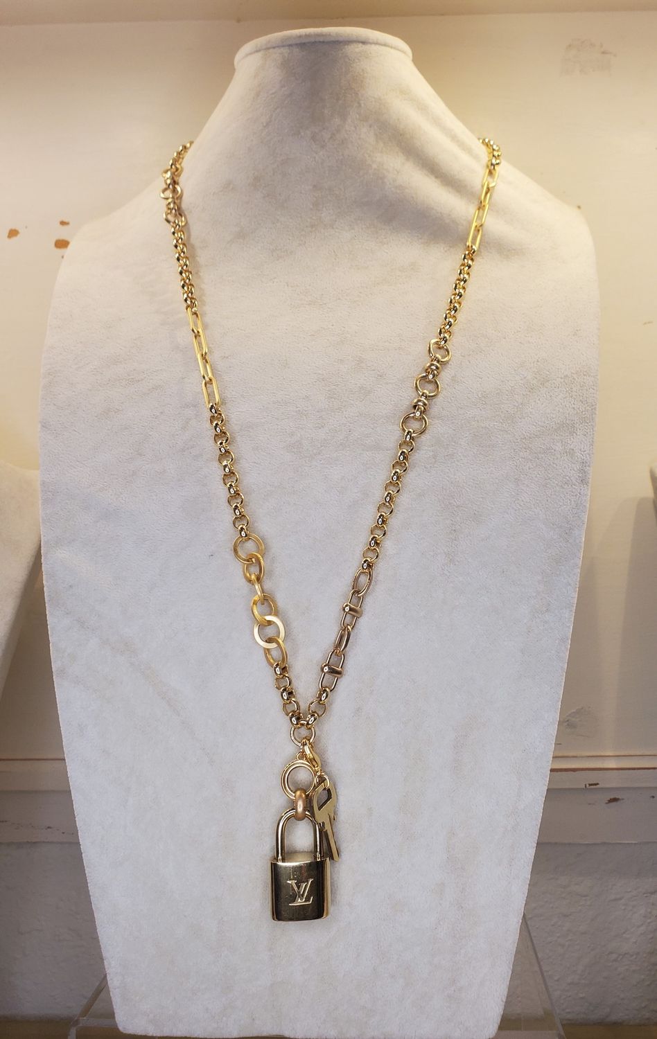 Long Mosaic Link Necklace w/Louis Vuitton Lock &amp; Key