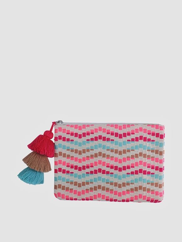 &quot;Faith&quot; Printed Cotton Pouch w/ Fringe (CS2162 ), Color: Turquoise &amp; Pink