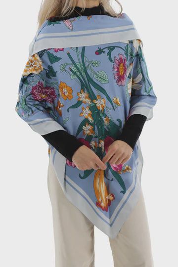 La Fiorentina Floral Print Poncho - Light Blue