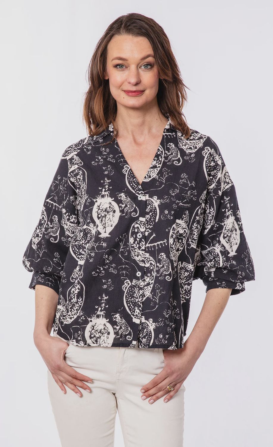Dizzy-Lizzie Milano Puff Sleeve Top (4060-M701) Black &amp; White Chinoiserie