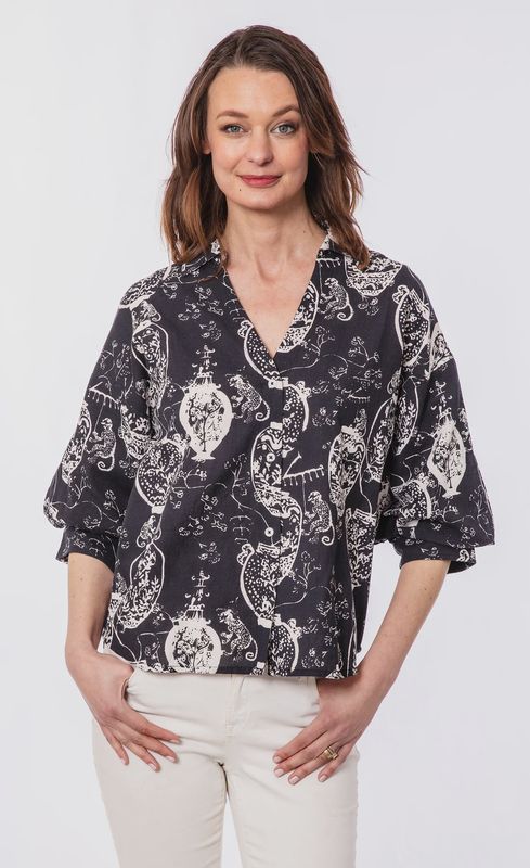 Dizzy-Lizzie Milano Puff Sleeve Top (4060-M701) Black &amp; White Chinoiserie