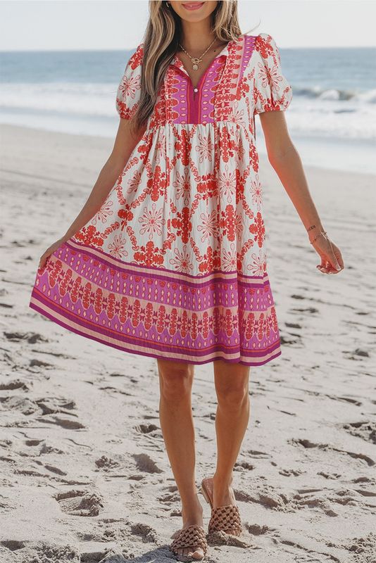LDC Boho Floral Short Sleeve Lace-Up V Neck Mini Dress - Rose