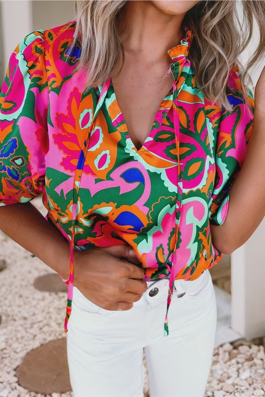 LDC Summer Plant Print Lace Up V Neck Puff Blouse - Multicolor