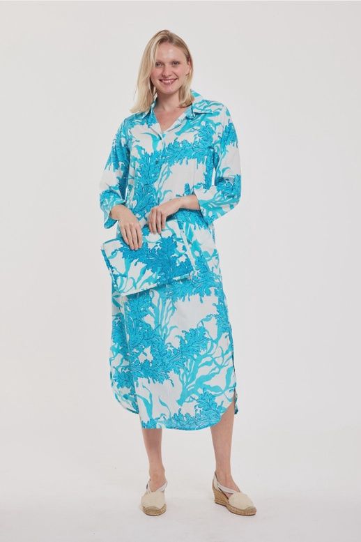 Moda Posa &quot;Gabriella&quot; Maxi Caftan Shirt Dress (White &amp; Blue Big Coral)