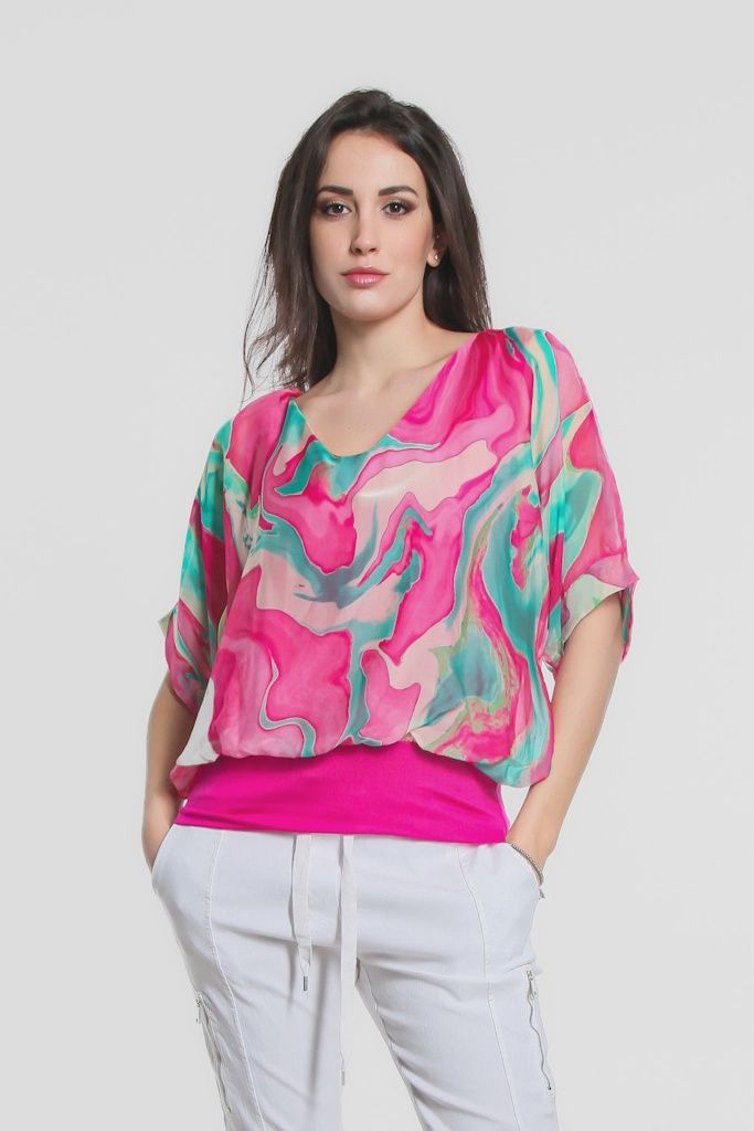 Tina Stephens Abella Swirl Band Waist Top (BSS217W) One Size - Fuchsia