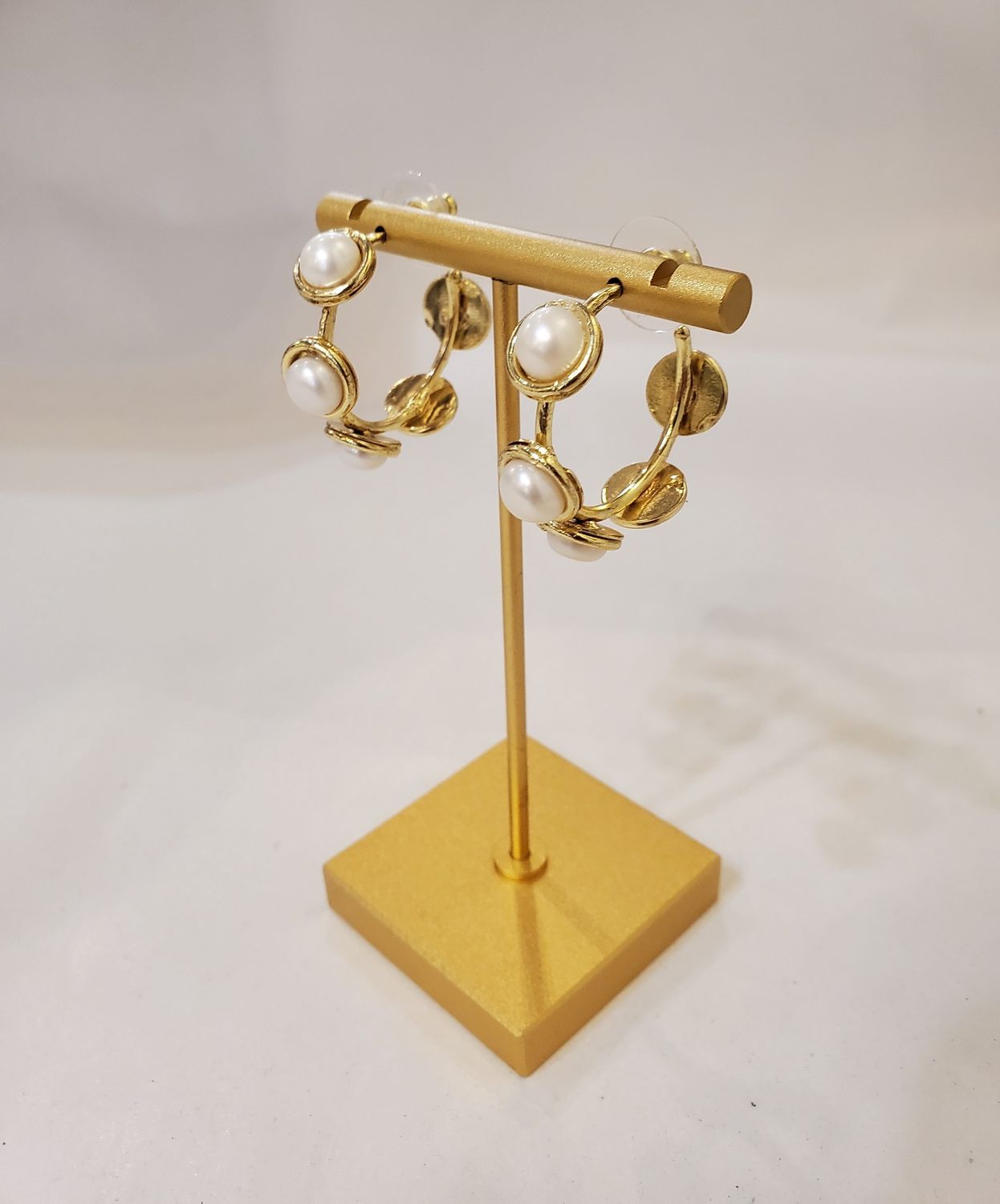 Pearl Bezel Gold Hoop 1.5&quot;