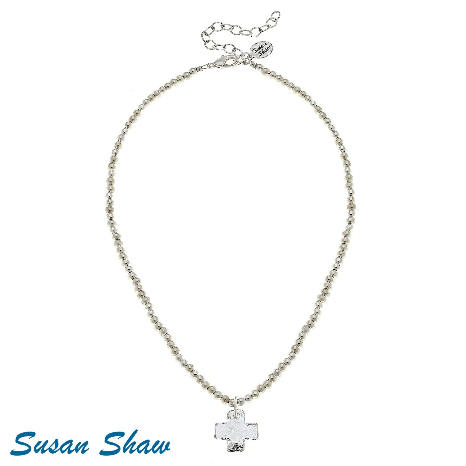 Silver Cross On Silver Beaded Necklace