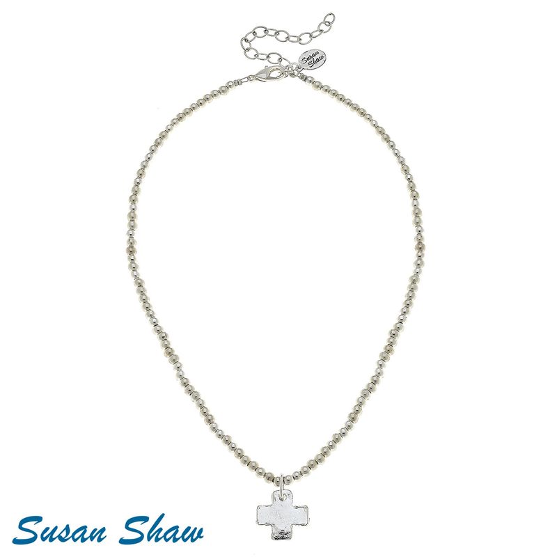 Silver Cross On Silver Beaded Necklace