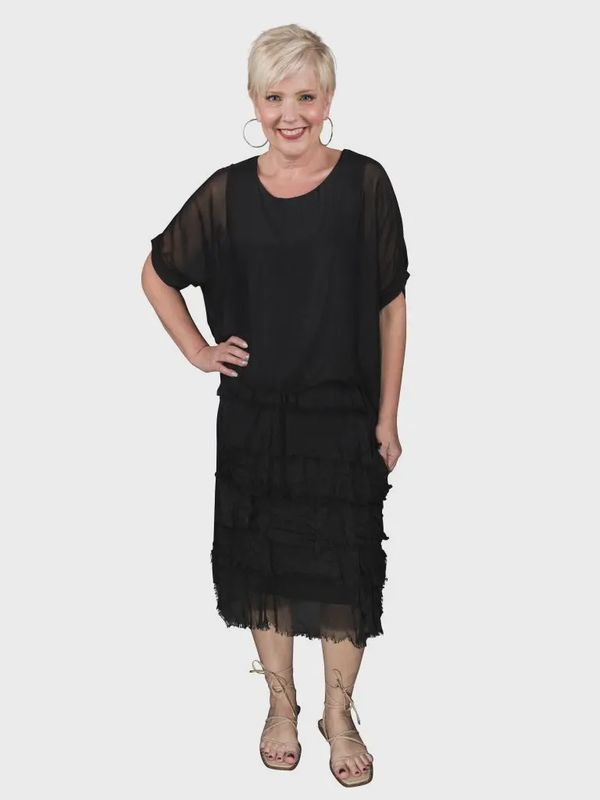 Tina Stephens Gail Silk Ruffle Dress (DQ206) Black