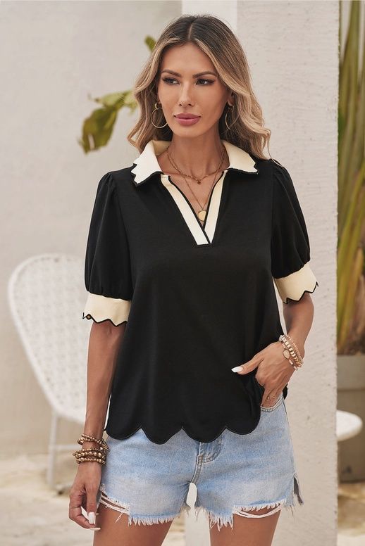 LDC V Neck Puff Sleeve Blouse - Black &amp; Cream