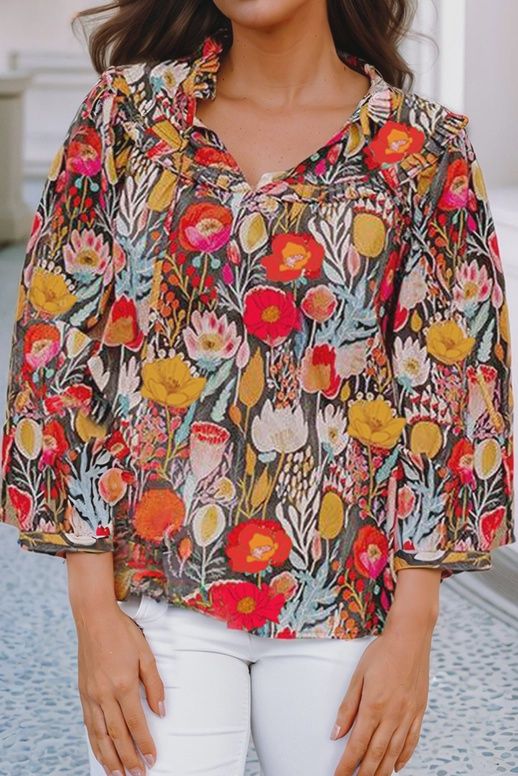 LDC Floral 3/4 Puff Sleeve Tied Neck Blouse
