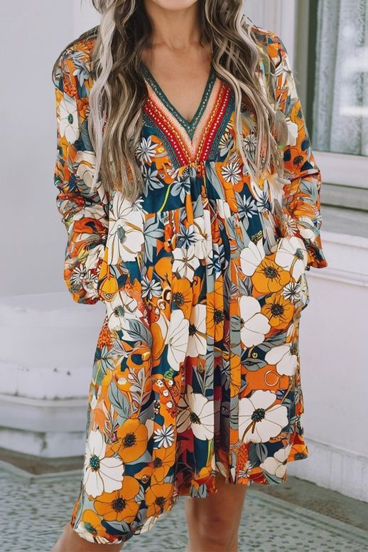 LDC Floral Print Striped Lace V Neck Long Sleeve Mini Dress