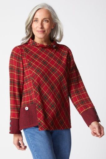 Habitat Girl Gone Plaid Assym Button Cuff Top (40295) Scarlet, Size: XS
