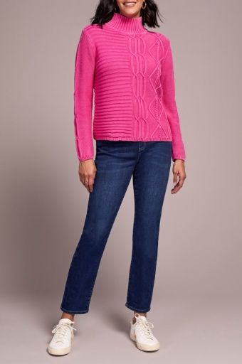 Tribal Vintage Washed Cable Knit Mock Neck Sweater (5935O) Cherry Pink, Size: XS