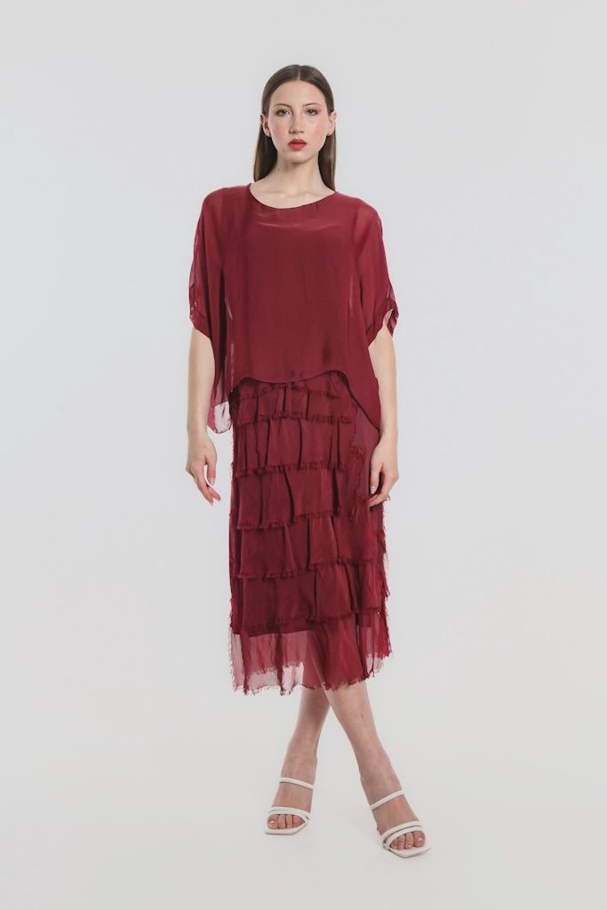 Tina Stephens Gail Silk Ruffle Dress (DQ206) Burgundy