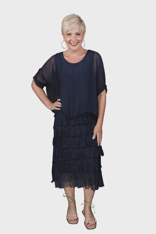 Tina Stephens Gail Silk Ruffle Dress (DQ206) Navy