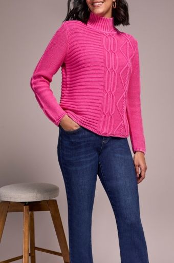 Tribal Vintage Washed Cable Knit Mock Neck Sweater (5935O) Cherry Pink