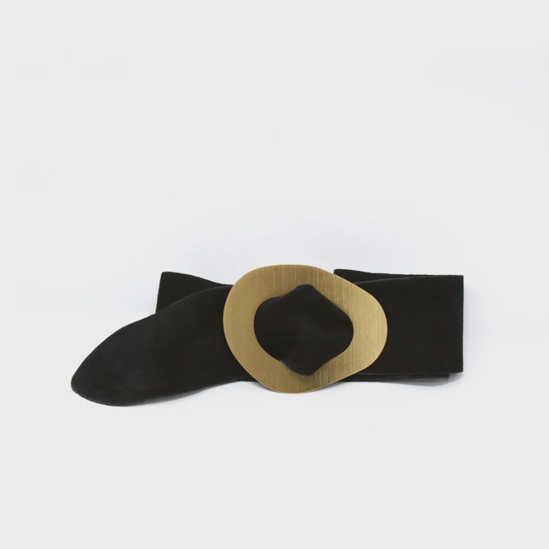 Suede Belt w/Gold Buckle (CINT-069) One Size, Color: Black
