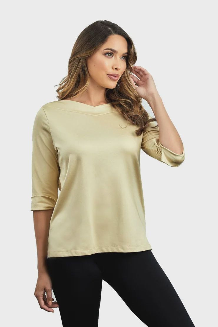 A&#39;Nue V-Boatneck 3/4 Sleeve Top (AB037) Shimmer Cream