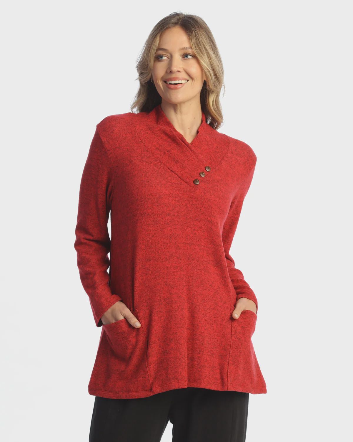 Jess &amp; Jane Brushed Hacci Pleat Neck w/Button Detail Top (VP5) Red