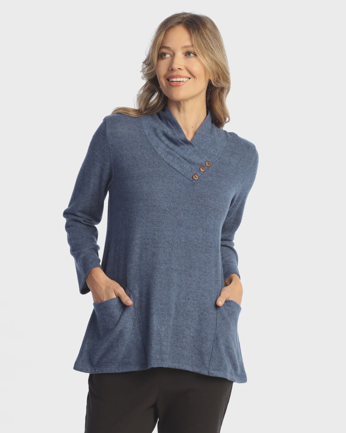 Jess &amp; Jane Brushed Hacci Pleat Neck w/Button Detail Top (VP5) Cobalt