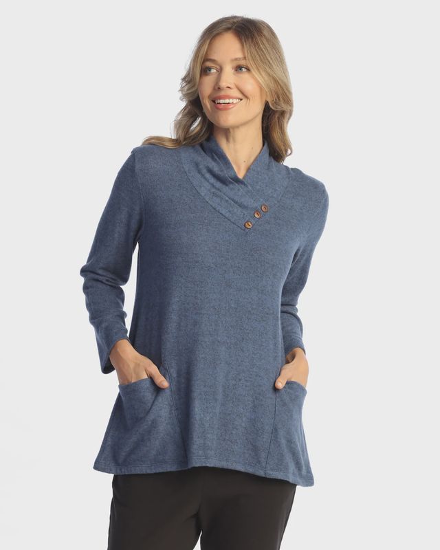 Jess &amp; Jane Brushed Hacci Pleat Neck w/Button Detail Top (VP5) Cobalt