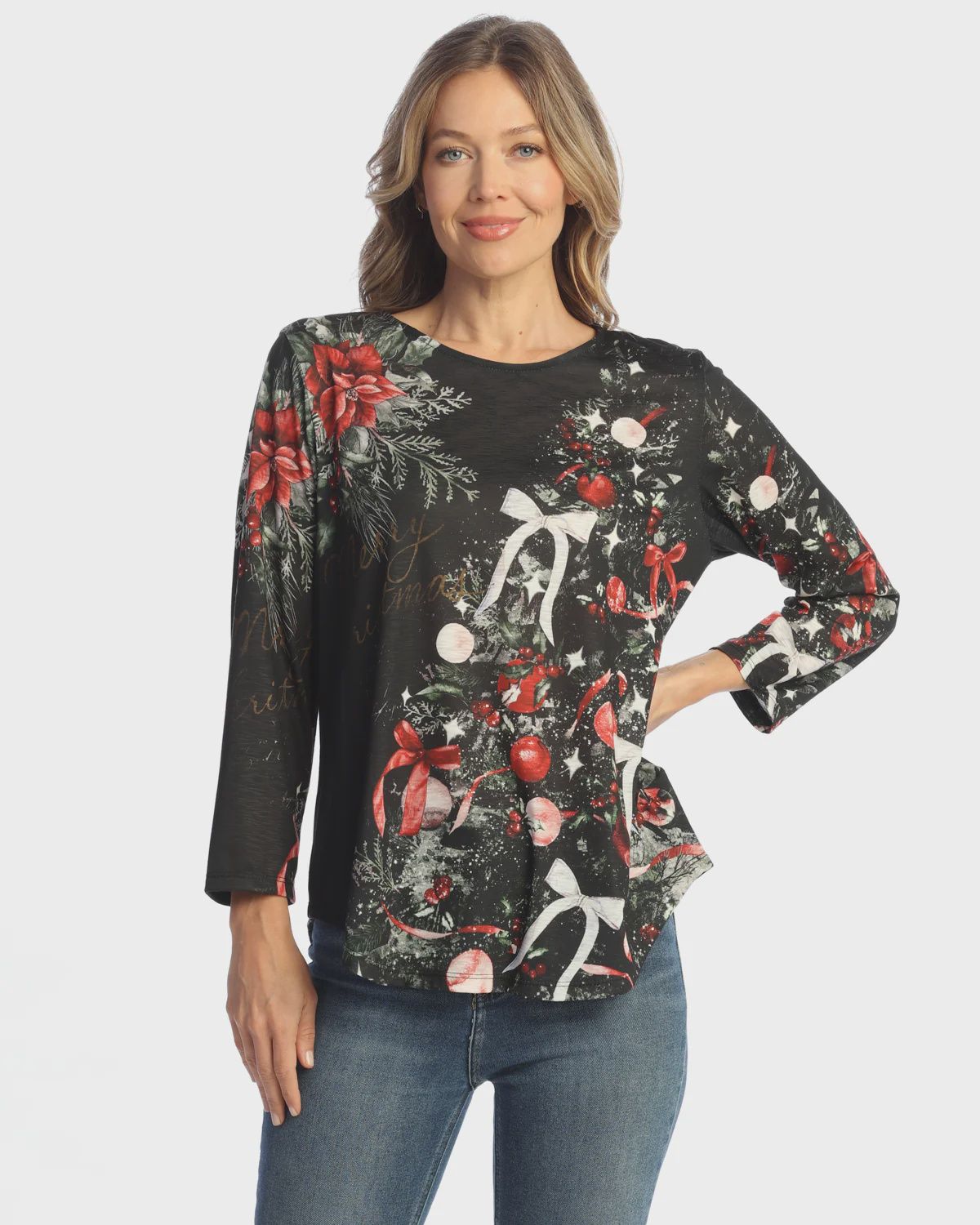 Jess &amp; Jane 3/4 Sleeve Christmas Tee (PS8-2132) Noel