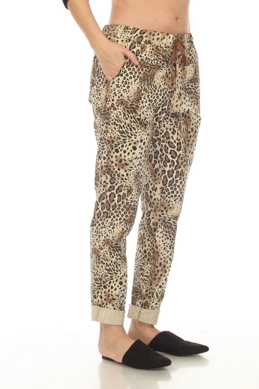 Flora Ashley Animal Print Pull On Pant (9603) Beige