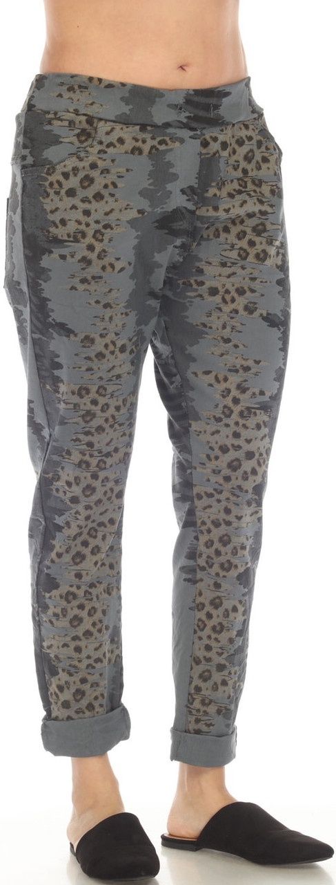 Flora Ashley Animal Print Pull On Pant (9607) Charcoal
