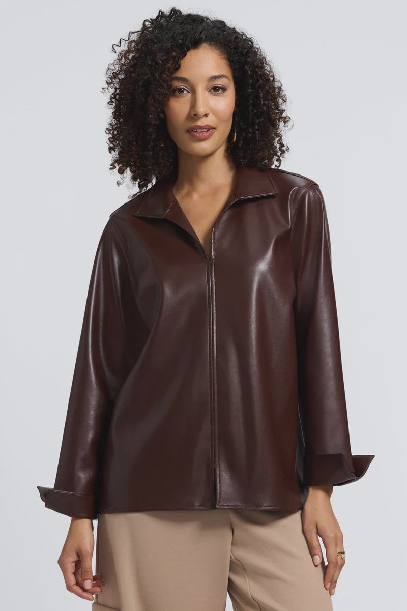 Foxcroft Agnes Vegan Leather Blouse (203692) Chickory Coffee