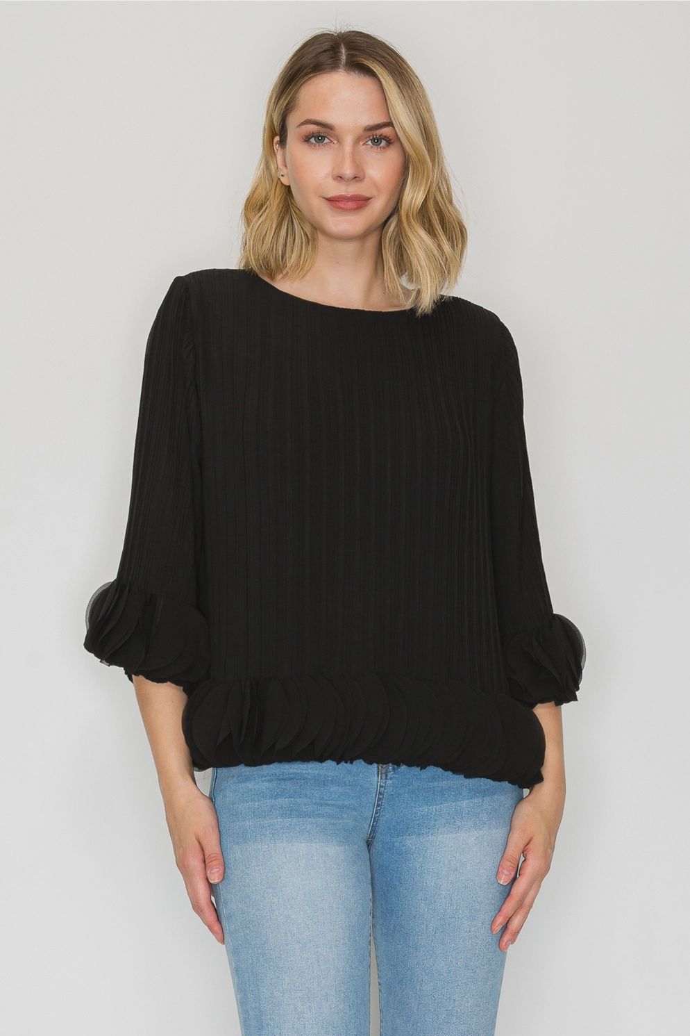 Joh. Joanna Woven Pleated Top (35688W), Size: XS, Color: Black