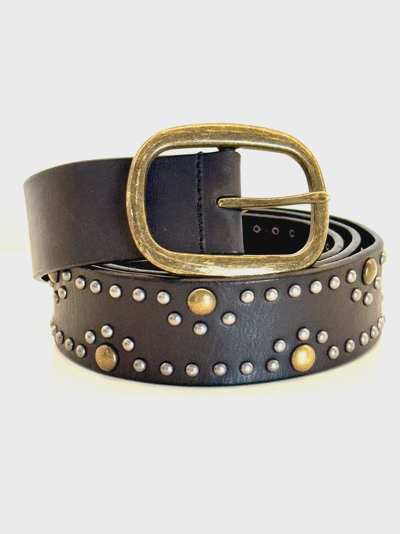 Black Leather Belt with Aged Brass and Silver Studs