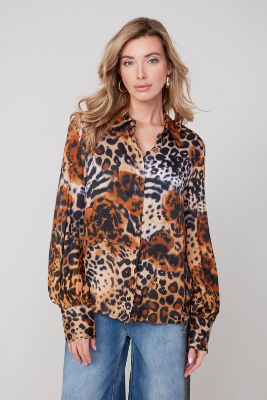 Renuar Satiny Animal Print Blouse (R5211) Tan Combo