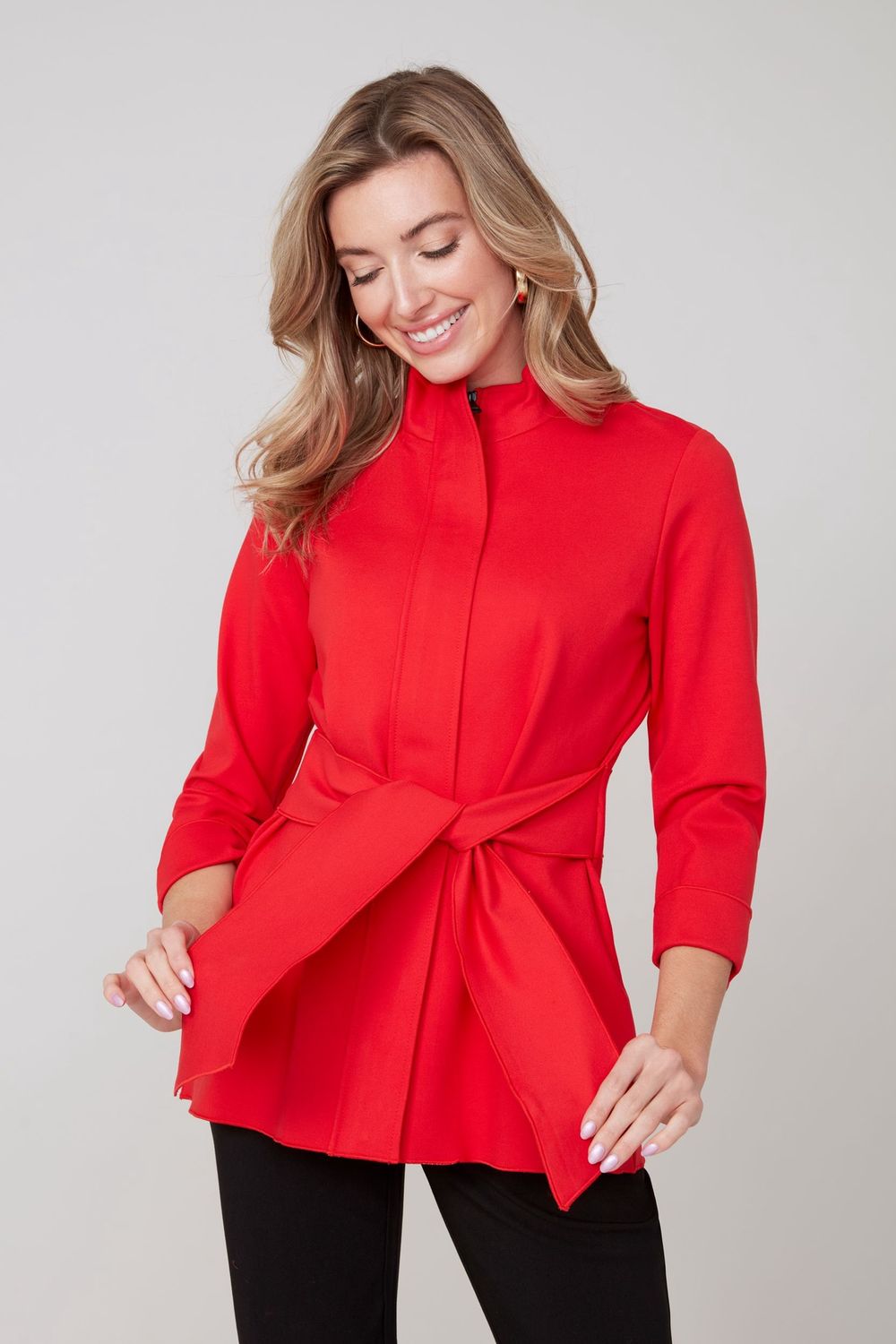 Renuar Knit Tie Front Jacket (R3757) Scarlet
